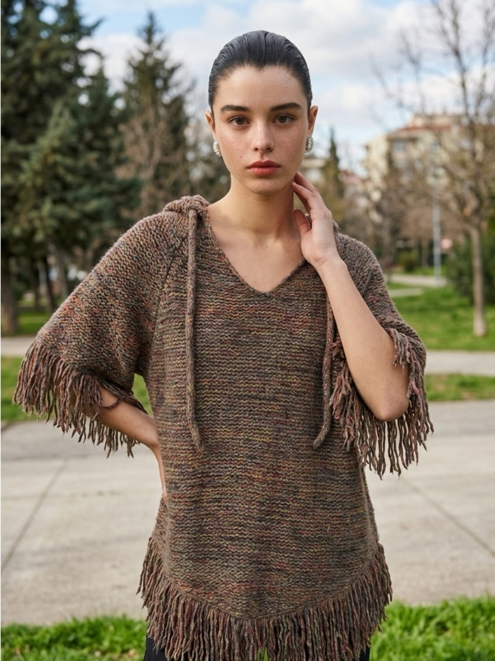 if it were me Brown Multitone Fringe Knit Poncho from Anthropologie Small
